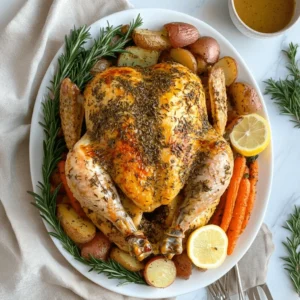 A perfectly roasted golden-brown herb-crusted chicken served on a white platter, surrounded by roasted potatoes, carrots, and fresh rosemary sprigs. Lemon slices add a touch of brightness to the presentation, with a small bowl of gravy and rosemary sprigs on a marble countertop.