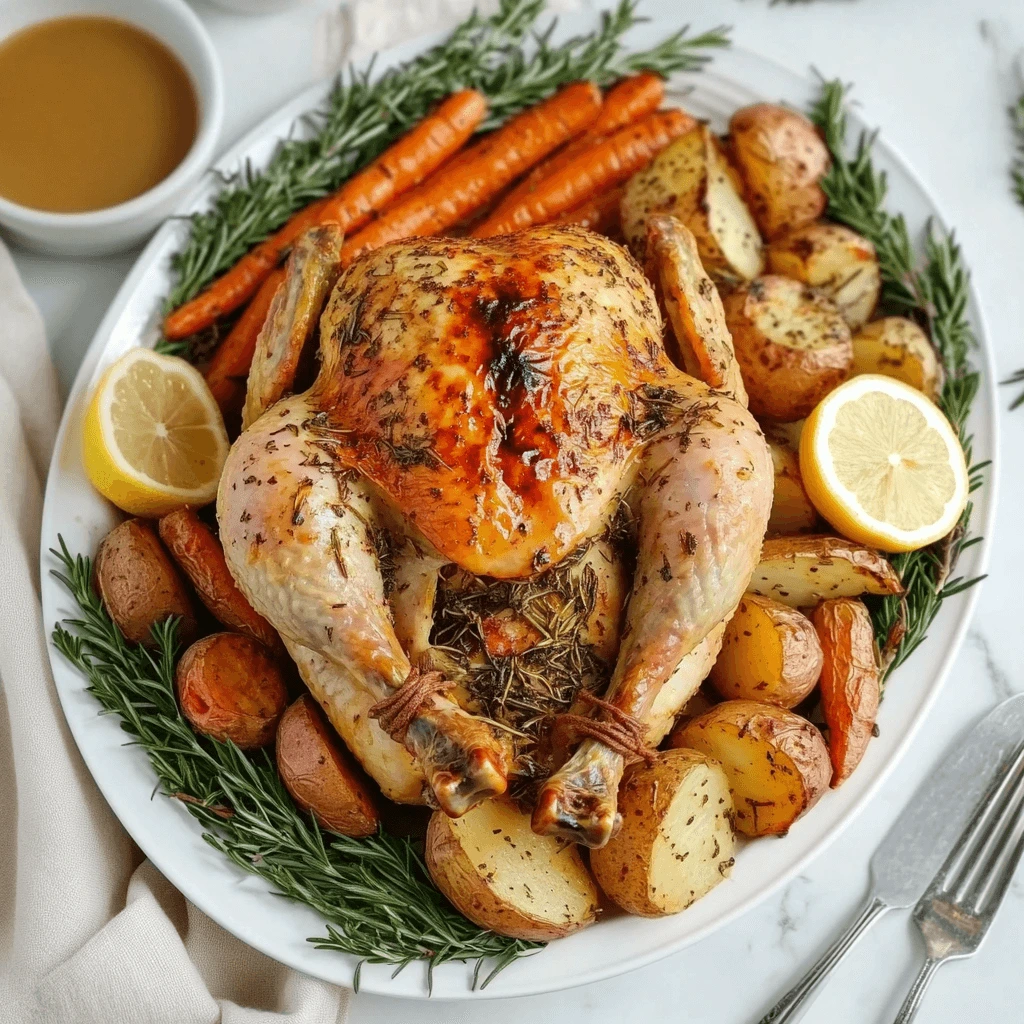 Herb-crusted roast chicken carved and plated with roasted vegetables, fresh herb garnishes, and lemon wedges on a white platter.