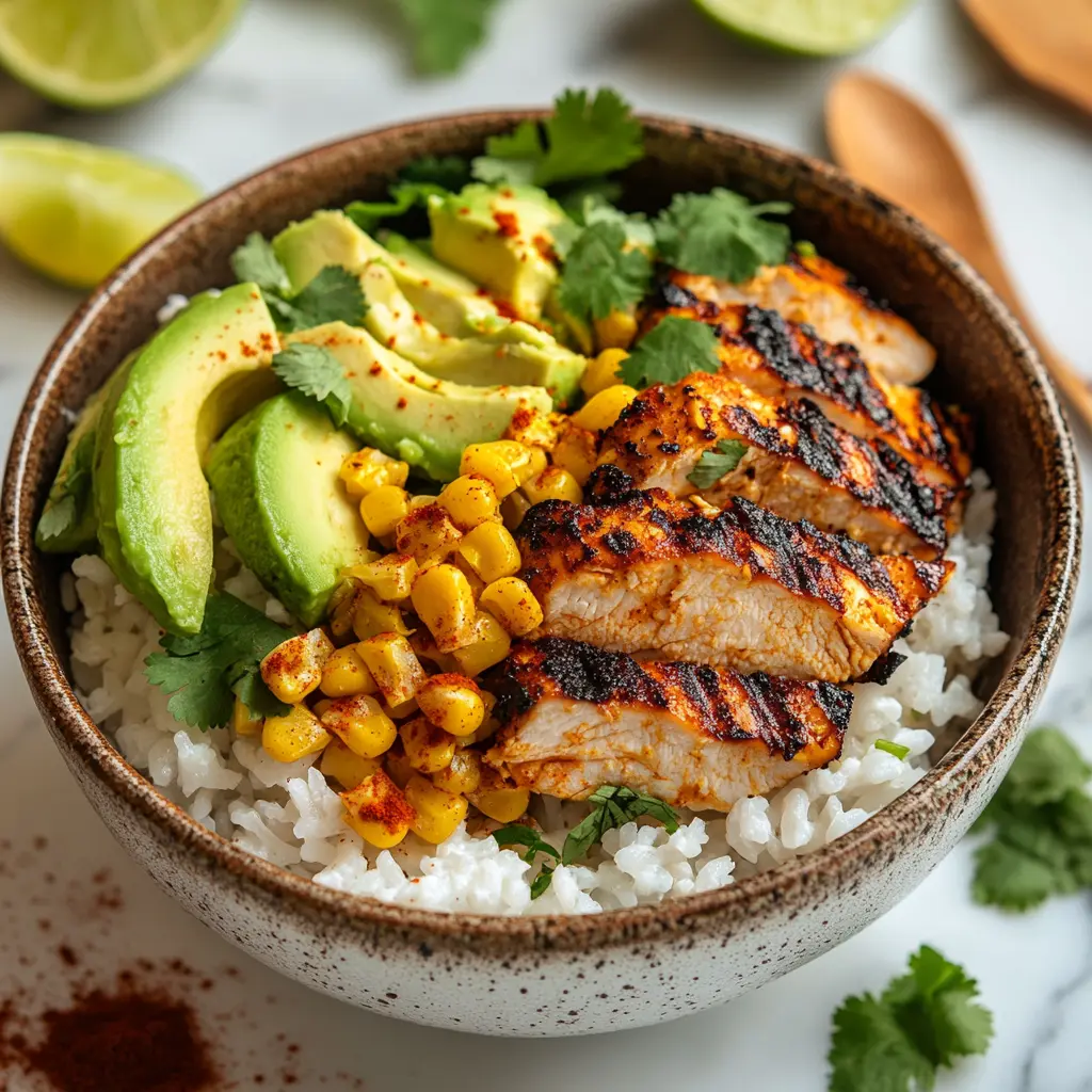 Overhead view of a Street Corn Chicken Rice Bowl with rice, grilled chicken, creamy corn topping, avocado, and garnishes on a marble countertop
