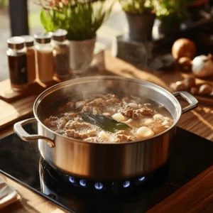 A pot of simmering ramen broth with bones, garlic, ginger, and kombu on a stovetop in a cozy kitchen setting.
