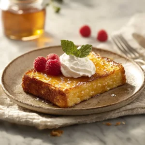A single slice of French toast on a rustic plate, topped with whipped cream, raspberries, and a sprig of mint.