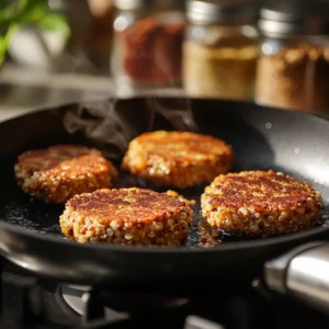 Golden-brown vegan patties sizzling in a skillet on a stove, with visible textures of quinoa and beans