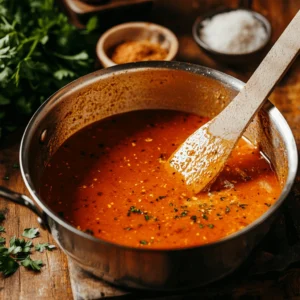A saucepan on the stove with buffalo sauce being whisked, surrounded by spices and kitchen tools.
