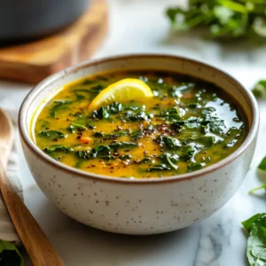 Swamp soup served in an elegant bowl with leafy greens, golden broth, and garnishes of sour cream, paprika, and parsley on a marble countertop