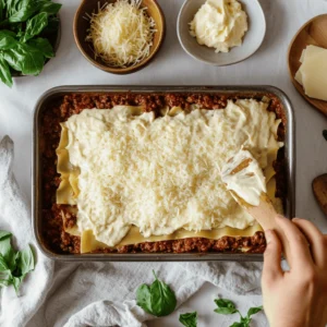 A baking dish being layered with lasagna pasta, béchamel, and meat sauce, surrounded by bowls of cheese and basil.