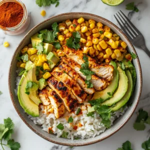 Top-down view of an assembled Street Corn Chicken Rice Bowl with grilled chicken, creamy street corn topping, avocado slices, and cilantro on a marble countertop