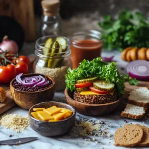 Essential ingredients for vegan cheeseburgers: black beans, quinoa, breadcrumbs, fresh vegetables, vegan cheese, and condiments on a marble countertop
