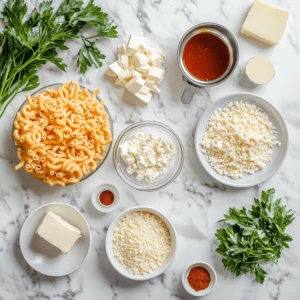 Flat lay of shredded cheeses, pasta, cooked chicken, buffalo sauce, butter, breadcrumbs, and seasonings on a marble countertop.