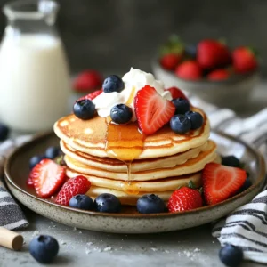 Pancakes with fresh strawberries, blueberries, whipped cream, and honey on a rustic plate, with berries and milk in the background.