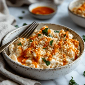A bowl of buffalo chicken mac and cheese topped with buffalo sauce, parsley, and breadcrumbs, served on a marble countertop with a fork and napkin.
