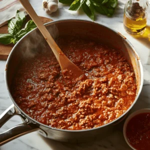 A saucepan filled with simmering lasagna meat sauce, surrounded by tomato paste, garlic, and basil on a marble countertop