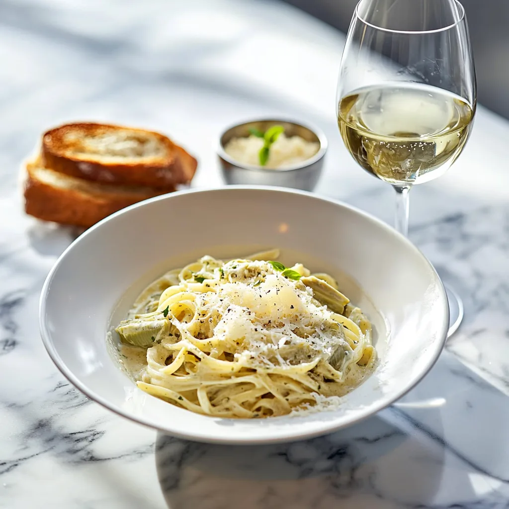 A plate of creamy artichoke linguine garnished with parsley and parmesan, set on a white marble countertop with a cozy kitchen background.