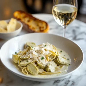 A plate of creamy artichoke linguine paired with garlic bread and white wine on a marble table.