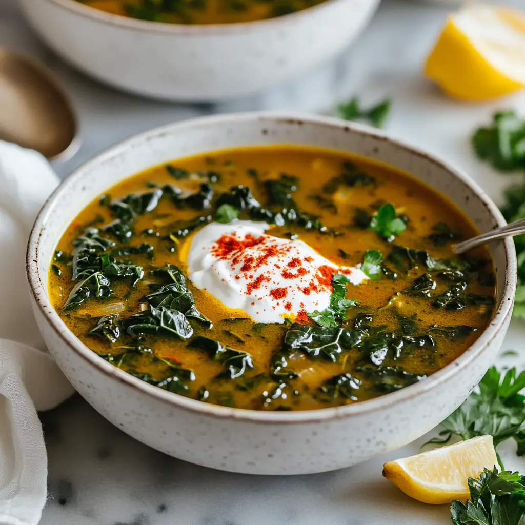 A steaming bowl of swamp soup with vibrant green leafy vegetables in golden broth, garnished with olive oil and black pepper, set on a marble countertop