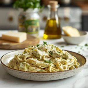 A close-up of creamy artichoke linguine garnished with parsley and parmesan on a rustic ceramic plate.