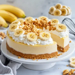A whole banana pudding cheesecake topped with whipped cream, banana slices, and graham cracker crumbs on a white cake stand
