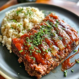 Classic meatloaf topped with rich tomato glaze, served with a side of fluffy cauliflower rice, garnished with fresh parsley