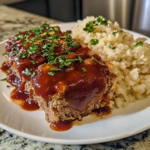 Two thick slices of classic meatloaf drizzled with tomato glaze, served with creamy mashed rice on a white plate