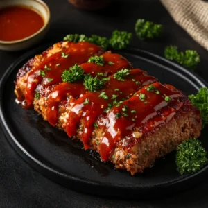Whole classic meatloaf on a black serving plate, topped with thick tomato glaze and garnished with parsley, served with a side of sauce.