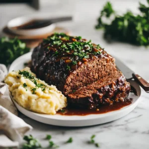 Classic meatloaf sliced and served with mashed potatoes on a white plate, garnished with fresh parsley.
