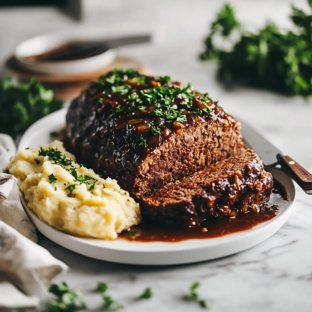 Classic meatloaf sliced and served with mashed potatoes on a white plate, garnished with fresh parsley.