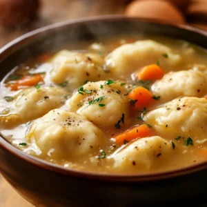 Fluffy Bisquick dumplings floating in golden chicken soup with fresh herbs and natural light