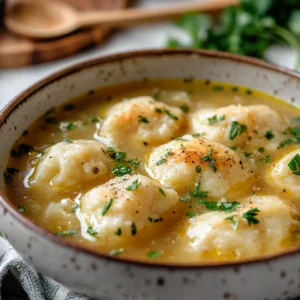 Plated Bisquick dumplings in creamy vegetable soup with fresh parsley and rustic kitchen elements