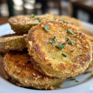 A plate of golden, crispy fried green tomatoes with a light breading, served with a dipping sauce on the side.