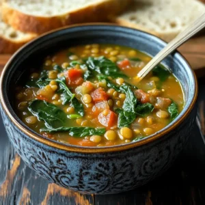 A warm bowl of lentil spinach soup, garnished with fresh spinach and a drizzle of olive oil, placed on a rustic wooden table with natural lighting.