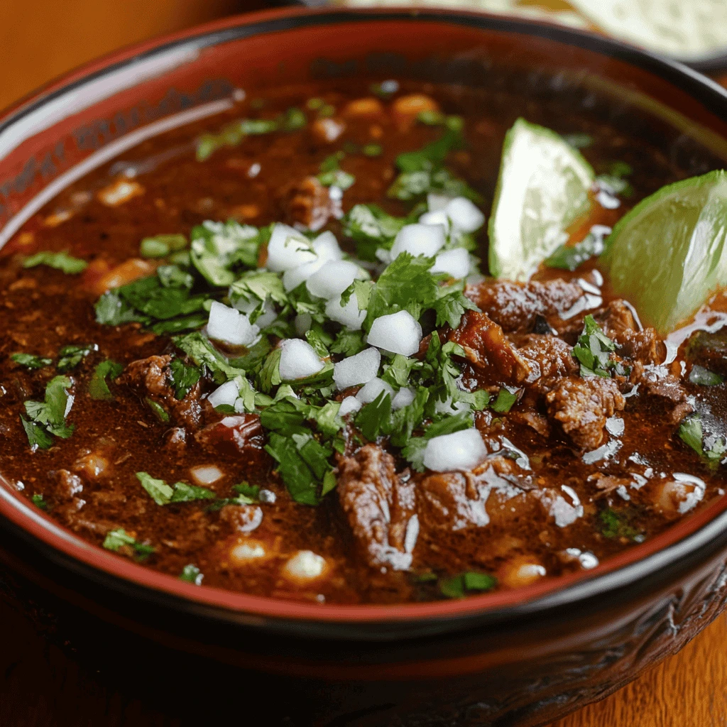 A beautifully plated serving of authentic Mexican birria, with tender meat, rich broth, and garnished with cilantro, onions, and lime.