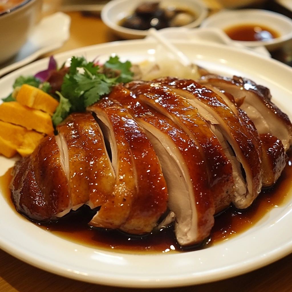 A beautifully plated serving of Peking duck at home, with crispy duck skin, tender meat, and served with pancakes, hoisin sauce, and sliced scallions.