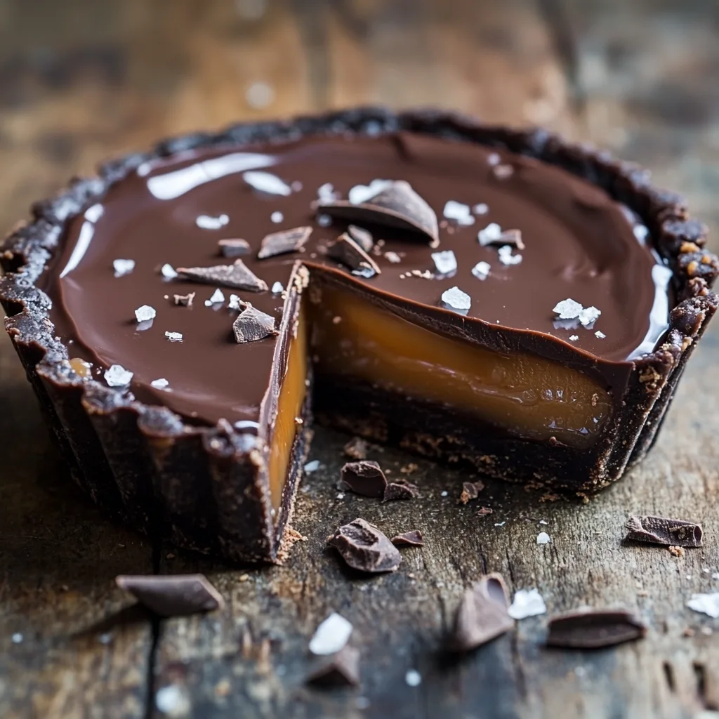 A decadent salted caramel chocolate tart with a glossy, smooth chocolate ganache topping, sprinkled with a touch of sea salt, on a sleek modern plate.