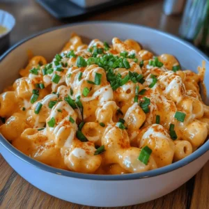 A bowl of buffalo chicken mac and cheese topped with buffalo sauce, parsley, and breadcrumbs, served on a marble countertop with a fork and napkin.