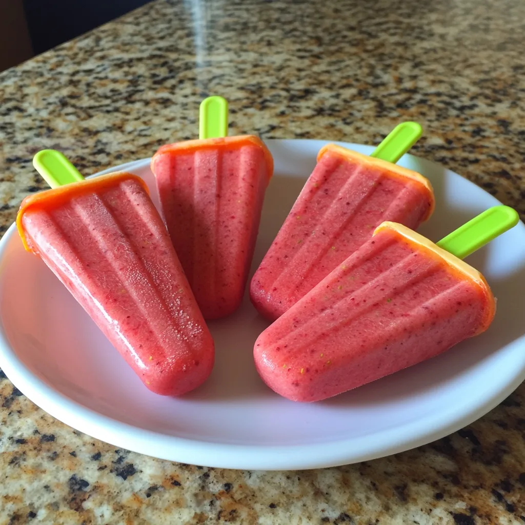 A refreshing strawberry yogurt popsicle with visible strawberry chunks, placed on a modern white plate, with a soft, natural background