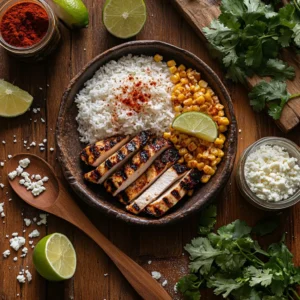Top-down view of ingredients for a Street Corn Chicken Rice Bowl, including grilled chicken, white rice, charred corn, lime, cotija cheese, cilantro, and chili powder, arranged on a rustic wooden countertop.