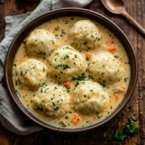 Golden Bisquick dumpling resting on a bowl of beef stew with natural light and a rustic setting