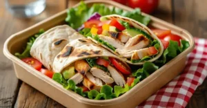 Grilled chicken wraps with fresh lettuce, tomatoes, and vegetables in a cardboard container, served on a rustic wooden table.