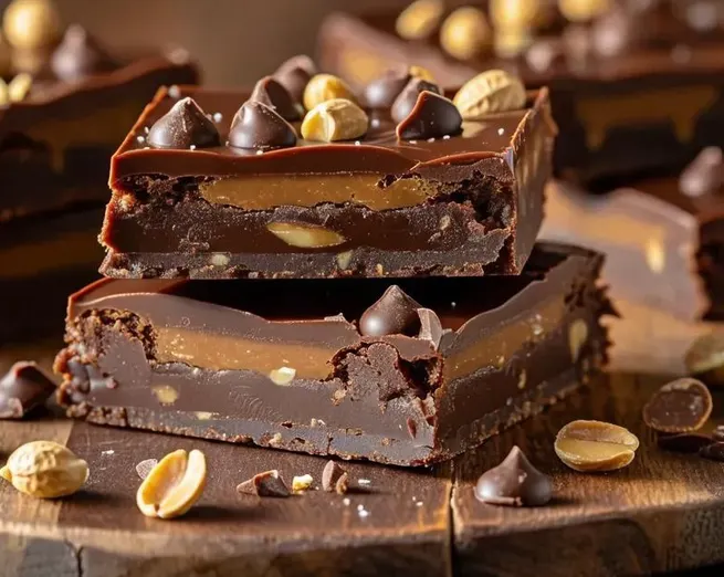 Stacked chocolate peanut butter bars with chocolate chips and peanuts, displayed on a wooden surface for a rich and indulgent dessert.