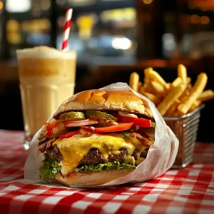 Cheesy Philly Burger wrapped in parchment paper, served with fries and a milkshake on a checkered tablecloth