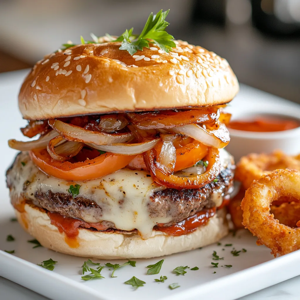 Cheesy Philly Burger with melted cheese, onions, and peppers on a white plate, served with onion rings and sauce.
