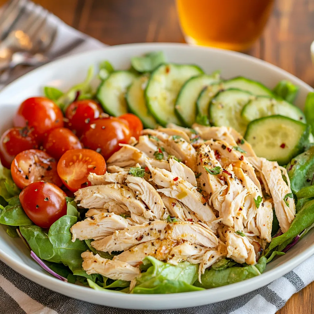 Healthy leftover rotisserie chicken salad with mixed greens, avocado, and a light vinaigrette dressing, placed in a rustic kitchen setting.