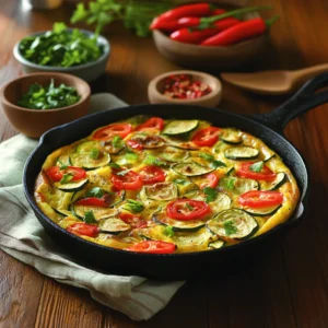 Rustic frittata with colorful vegetables in a cast-iron skillet