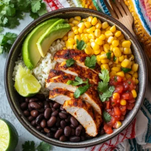 Chipotle chicken burrito bowl with rice, black beans, avocado, and salsa, garnished with lime and cilantro.