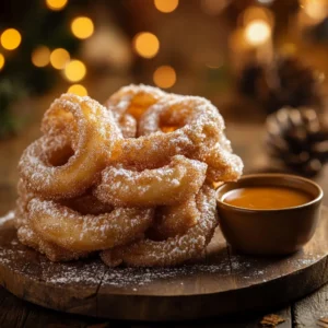 Churro-style funnel cake with cinnamon sugar and caramel dipping sauce on a rustic wooden board