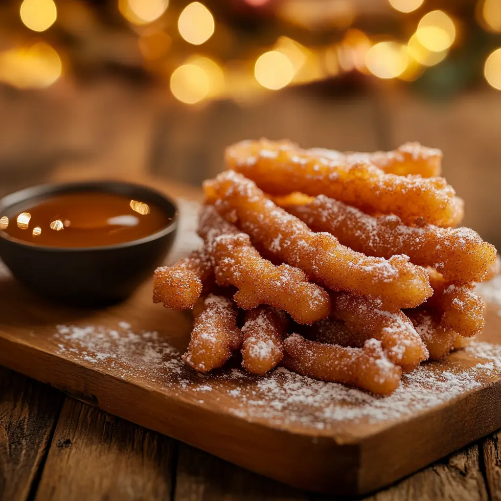 Churro-style funnel cake with cinnamon sugar and caramel dipping sauce on a rustic wooden board