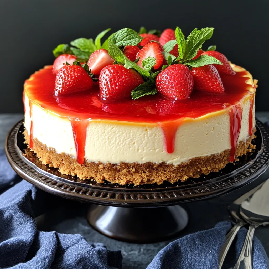 how to make A classic cheesecake with a golden graham cracker crust, creamy filling, and strawberry glaze, garnished with fresh strawberries and mint leaves.