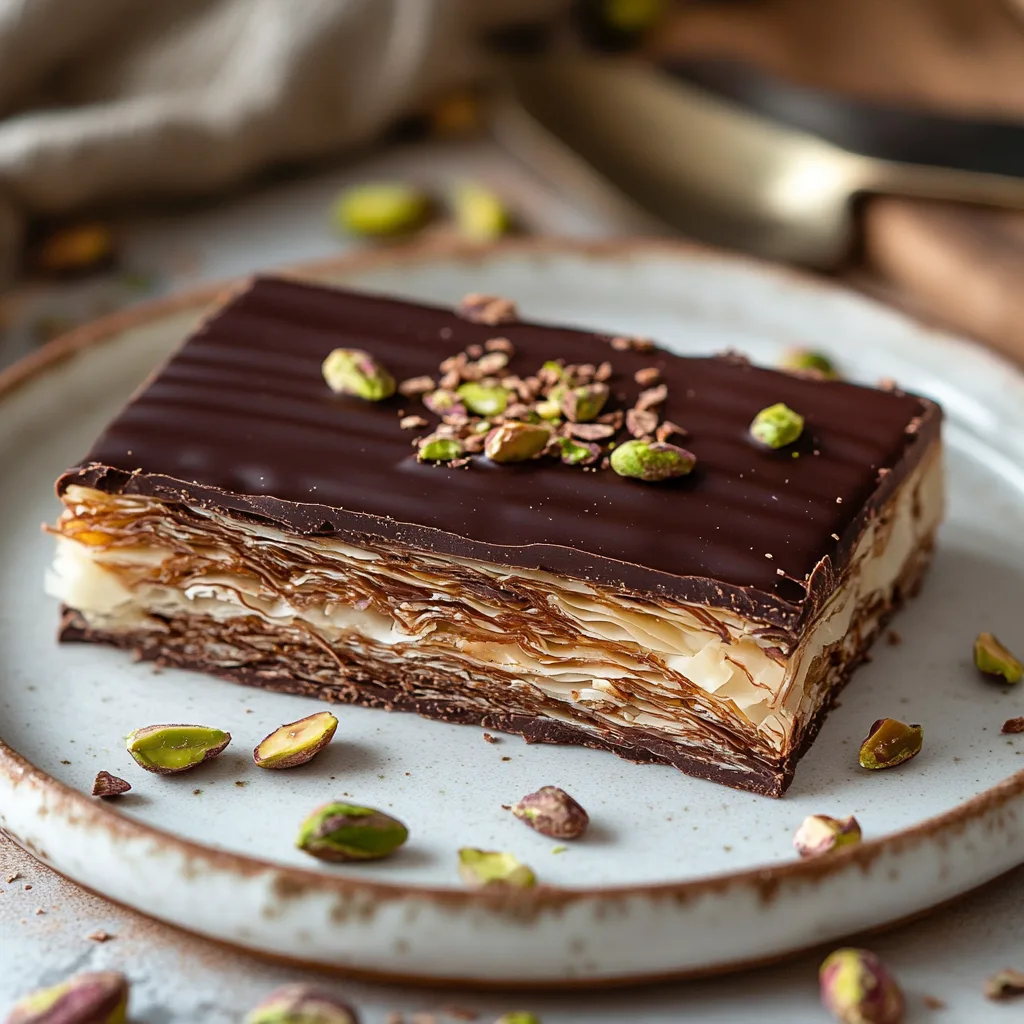 Close-up of a Dubai chocolate bar on a plate with Belgian chocolate, pistachios, and kataifi, in a cozy kitchen setting