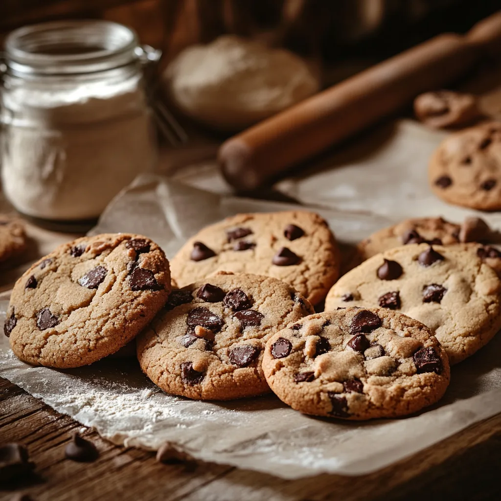 Freshly baked cookies including chocolate chip, sugar, and gingerbread on a rustic kitchen table with a jar of flour and rolling pin