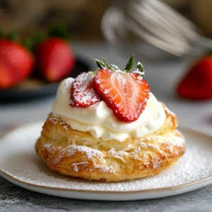 strawberries & cream pastry puff on a dessert plate, topped with whipped cream and a fresh strawberry slice.
