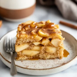 A slice of cinnamon apple cake with caramel drizzle on a ceramic plate, surrounded by warm decor.